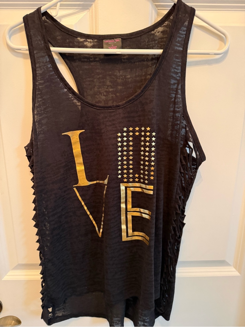 Material Girl Black Tank Top with Metallic Gold LOVE Design